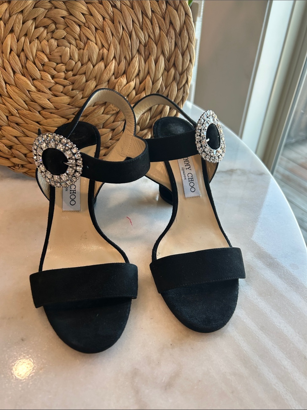 Jimmy Choo Black Suede Crystal Buckle Heeled Sandals size 9